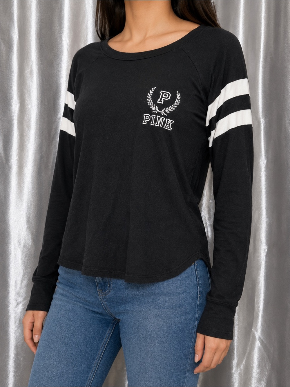 Victoria’s Secret PINK Women’s XS Black Varsity Long Sleeve Shirt Logo Striped